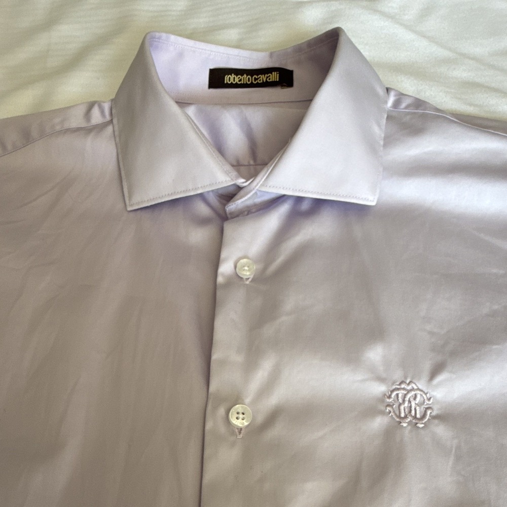 Roberto Cavalli Men's 17 Purple Solid 100% Cotton Dress Shirt Long Sleeve Collar